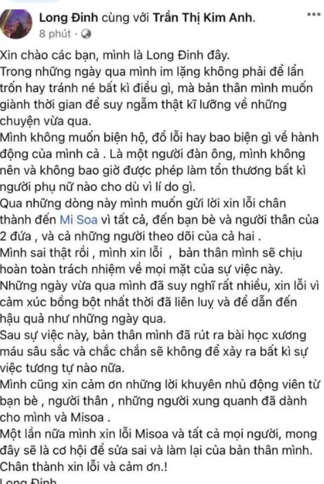 Long Đinh lên tiếng xin lỗi sau khi đi đường quyền với bạn gái gây bức xúc. Ảnh: Facebook Long Đinh lên tiếng xin lỗi sau khi đi đường quyền với bạn gái gây bức xúc. Ảnh: Facebook