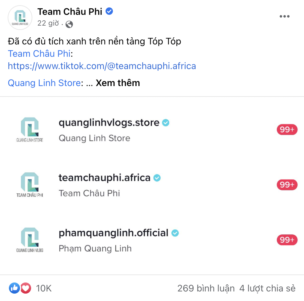 Quang Linh Vlog thông báo tin cực vui đến người hâm mộ khi tài khoản của mình và team Châu Phi đều đã đủ tích xanh. Ảnh chụp màn hình