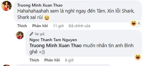 Bà xã Phan Thành và Ngọc Thanh Tâm với màn tương tác trên MXH, phản bác ý kiến của Shark Bình. Ảnh: Facebook Bà xã Phan Thành và Ngọc Thanh Tâm với màn tương tác trên MXH, phản bác ý kiến của Shark Bình. Ảnh: Facebook