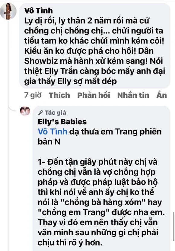 Elly Trần không khỏi bức xúc đáp trả nhân tình của chồng sau khi mỉa mai cô 'kém sang'. Ảnh: Facebook Elly Trần không khỏi bức xúc đáp trả nhân tình của chồng sau khi mỉa mai cô 'kém sang'. Ảnh: Facebook