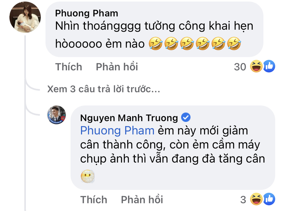 Bà xã Mạnh Trường để lại dòng bình luận gây chú ý. Ảnh: Facebook