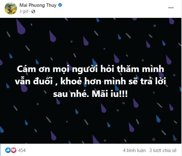 Mai Phương Thúy thông báo về tình trạng sức khỏe mới nhất của mình. Ảnh: Facebook