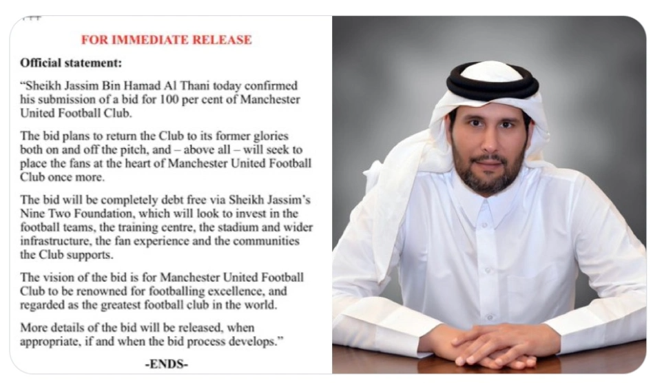 Lời hỏi mua chính thức từ Sheikh Jassim, sau khi thông tin này được công bố người hâm mộ Man United đang hy vọng thương vụ này sớm hoàn tất trong thời gian tới. Ảnh: Inernet