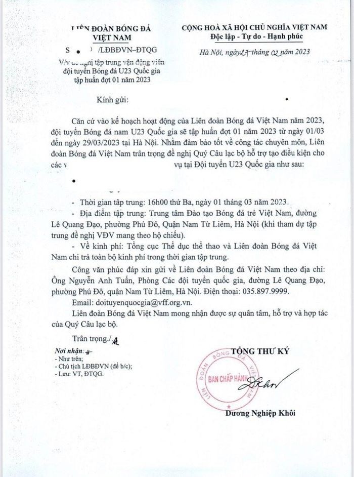 Công văn triệu tập cầu thủ U23 Việt Nam của VFF cũng mắc sai sót trong ngày tập trung. Ảnh: Internet