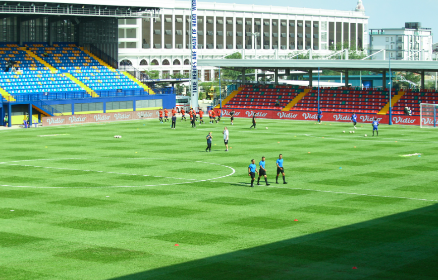 Cỏ được sử dụng là cỏ lá gừng, với lá to, mặt cỏ được kẻ thành các đường màu đậm, nhạt xen kẽ, giúp trọng tài có những quyết định chính xác hơn trong việc bắt việt vị.