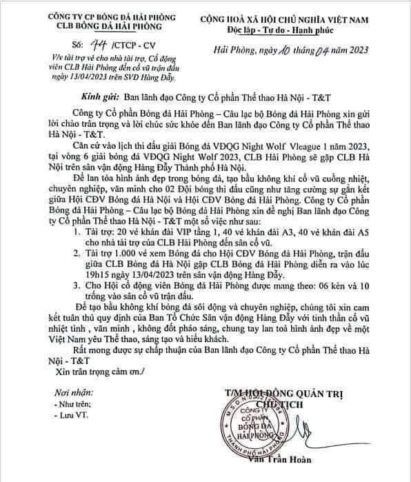 Chủ tịch gửi công văn 'xin vé', cổ động viên Hải Phòng phản ứng gay gắt 1 Chủ tịch gửi công văn 'xin vé', cổ động viên Hải Phòng phản ứng gay gắt 1
