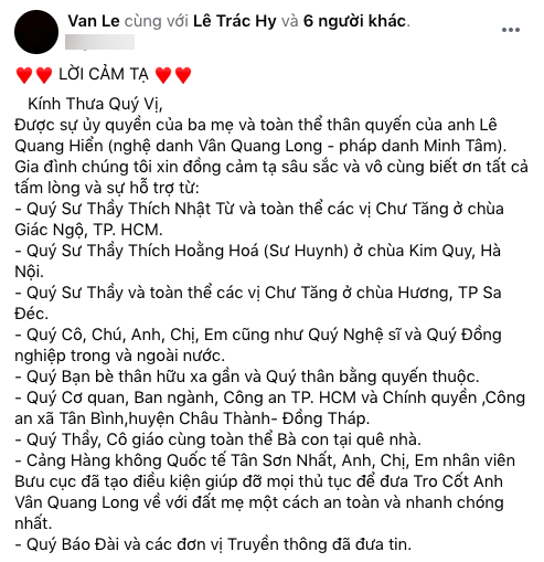Vợ cũ cố NS Vân Quang Long lên tiếng sau tang lễ, mong được tha thứ nếu có gì sơ suất - Ảnh 1 Vợ cũ cố NS Vân Quang Long lên tiếng sau tang lễ, mong được tha thứ nếu có gì sơ suất - Ảnh 1