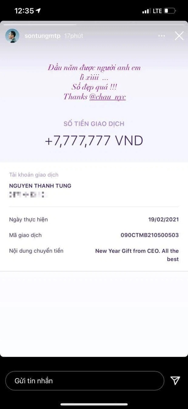 Hình ảnh Sơn Tùng đăng tải trên trang cá nhân lại vô tình để lộ ra số tài khoản