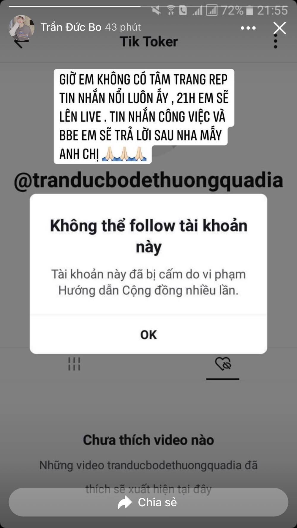 Mất cả tài khoản Tiktok lẫn Facebook, Trần Đức Bo lên tiếng đầy ẩn ý trong khi dân mạng lại hả hê ăn mừng - Ảnh 1 Mất cả tài khoản Tiktok lẫn Facebook, Trần Đức Bo lên tiếng đầy ẩn ý trong khi dân mạng lại hả hê ăn mừng - Ảnh 1