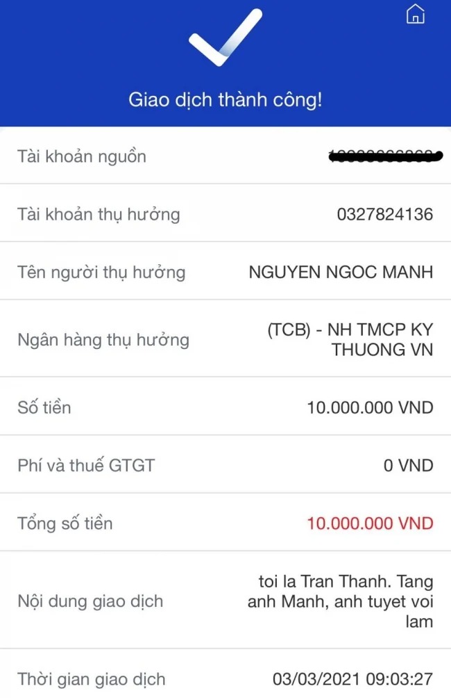Trấn Thành chuyển số tiền 10 triệu đồng thay lời cảm ơn đến người hùng Nguyễn Ngọc Mạnh. Ảnh: FBNV Trấn Thành chuyển số tiền 10 triệu đồng thay lời cảm ơn đến người hùng Nguyễn Ngọc Mạnh. Ảnh: FBNV