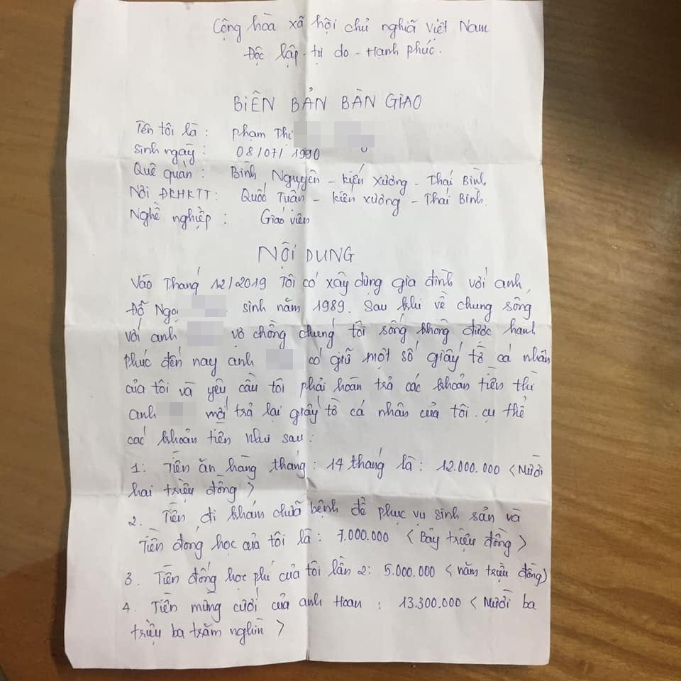 Biên bản bàn giao của người vợ với nội dung trao trả đủ số tiền trước khi ly hôn. Ảnh: FBNV