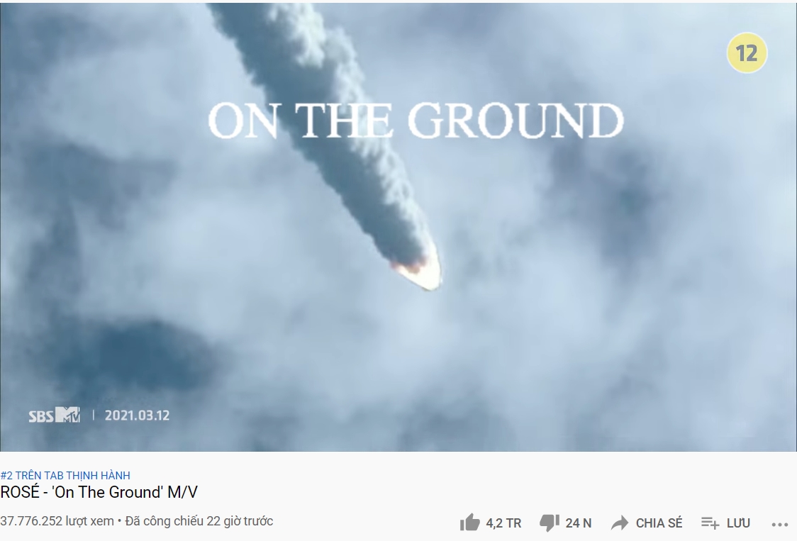MV On The Ground của Rosé đạt gần 40 triệu view chỉ sau 24 giờ ra mắt. Ảnh chụp màn hình