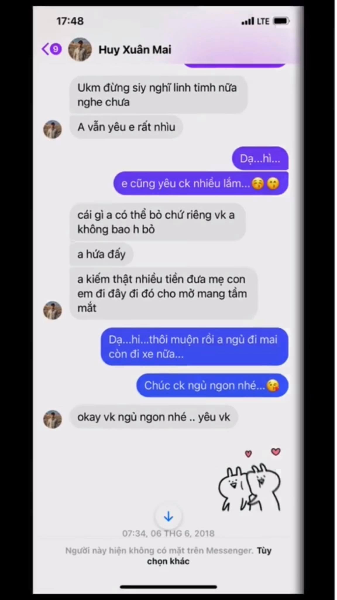 Những dòng tin nhắn rất tình cảm của Huy 'quần hoa' và vợ trước khi biến cố xảy ra. Ảnh: FBNV Những dòng tin nhắn rất tình cảm của Huy 'quần hoa' và vợ trước khi biến cố xảy ra. Ảnh: FBNV