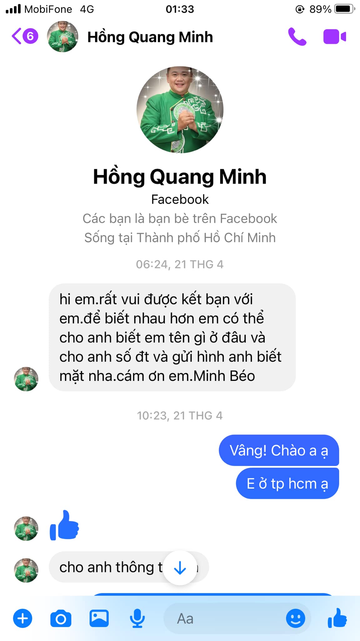 Đoạn tin nhắn hot boy Lê Thanh Phong tố Minh Béo. Ảnh: FBNV Đoạn tin nhắn hot boy Lê Thanh Phong tố Minh Béo. Ảnh: FBNV