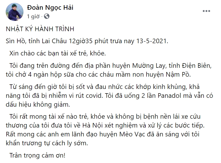 Dòng trạng thái được ông Đoàn Ngọc Hải đăng tải. Ảnh chụp màn hình Dòng trạng thái được ông Đoàn Ngọc Hải đăng tải. Ảnh chụp màn hình