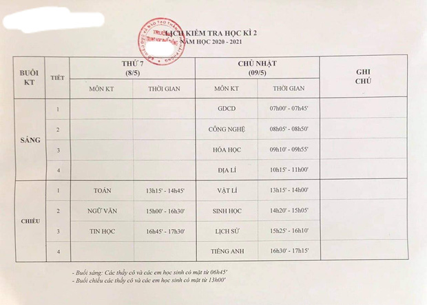 Lịch thi học kỳ 2 của một trường với các môn thi dày đặc trong hai ngày thứ 7 và chủ nhật. Ảnh: Dân Việt Lịch thi học kỳ 2 của một trường với các môn thi dày đặc trong hai ngày thứ 7 và chủ nhật. Ảnh: Dân Việt