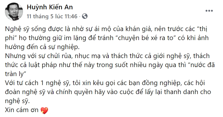 Bài đăng của diễn viên Huỳnh Kiến An trên trang cá nhân. Ảnh chụp màn hình