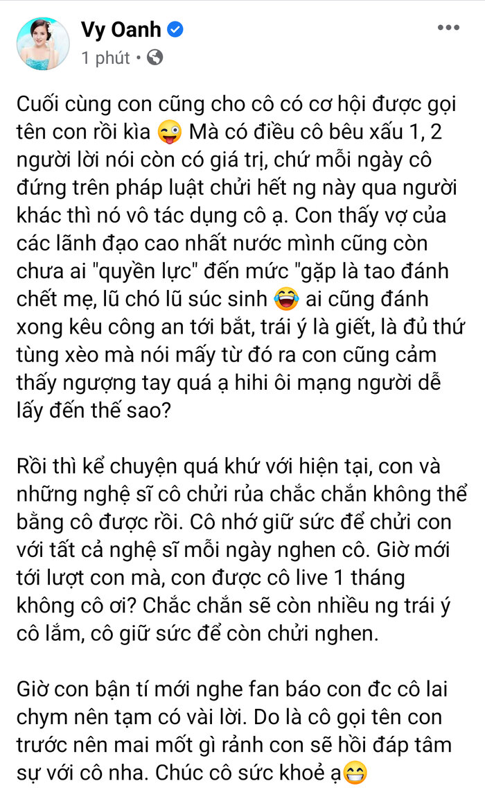 Dòng trạng thái cuối cùng của Vy Oanh trước khi Facebook bị 'bay màu'. Ảnh: Internet