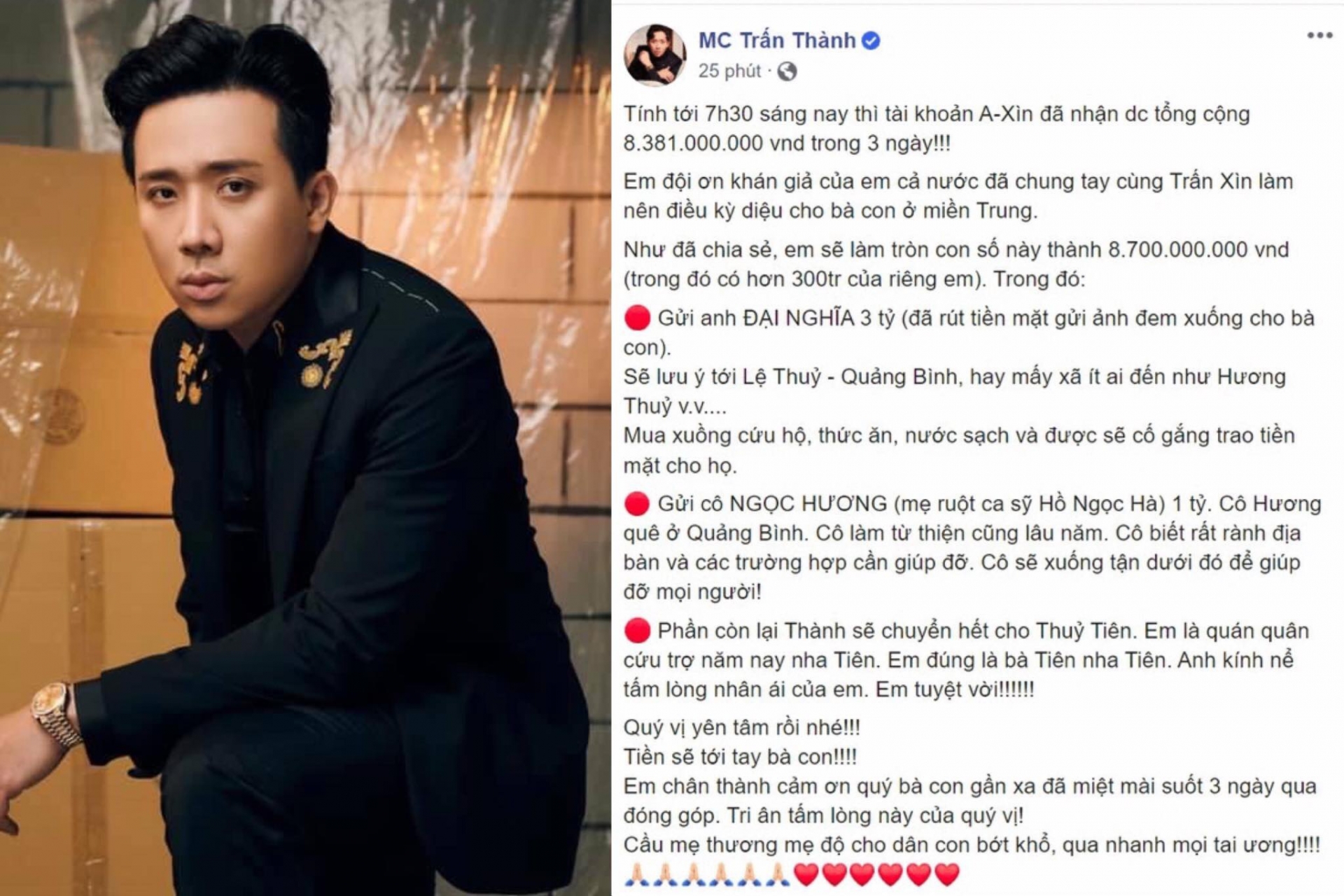 Bài đăng của Trấn Thành, trong đó có nói rõ số tiền 4,3 tỷ đồng được gửi cho Thủy Tiên để cứu trợ đồng bào miền Trung. Ảnh: Thanh Niên Bài đăng của Trấn Thành, trong đó có nói rõ số tiền 4,3 tỷ đồng được gửi cho Thủy Tiên để cứu trợ đồng bào miền Trung. Ảnh: Thanh Niên