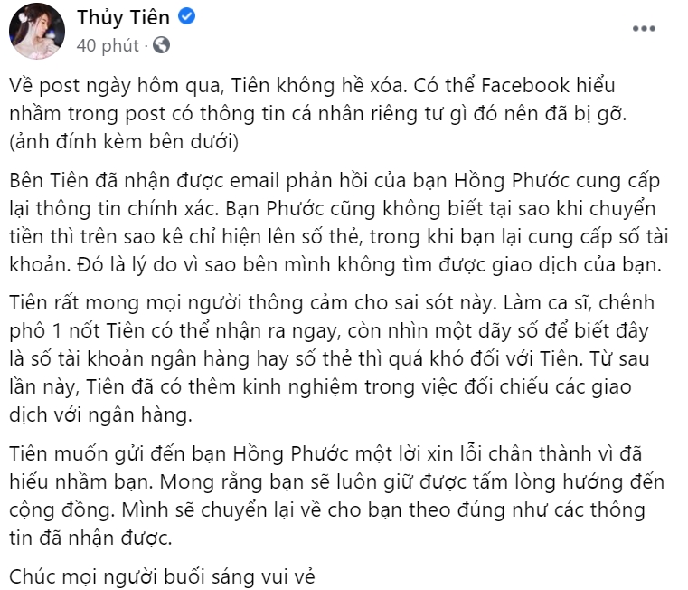 Thủy Tiên lên tiếng xin lỗi, gửi trả mạnh thường quân 30 triệu đồng vì nhầm lẫn 3 Thủy Tiên lên tiếng xin lỗi, gửi trả mạnh thường quân 30 triệu đồng vì nhầm lẫn 3