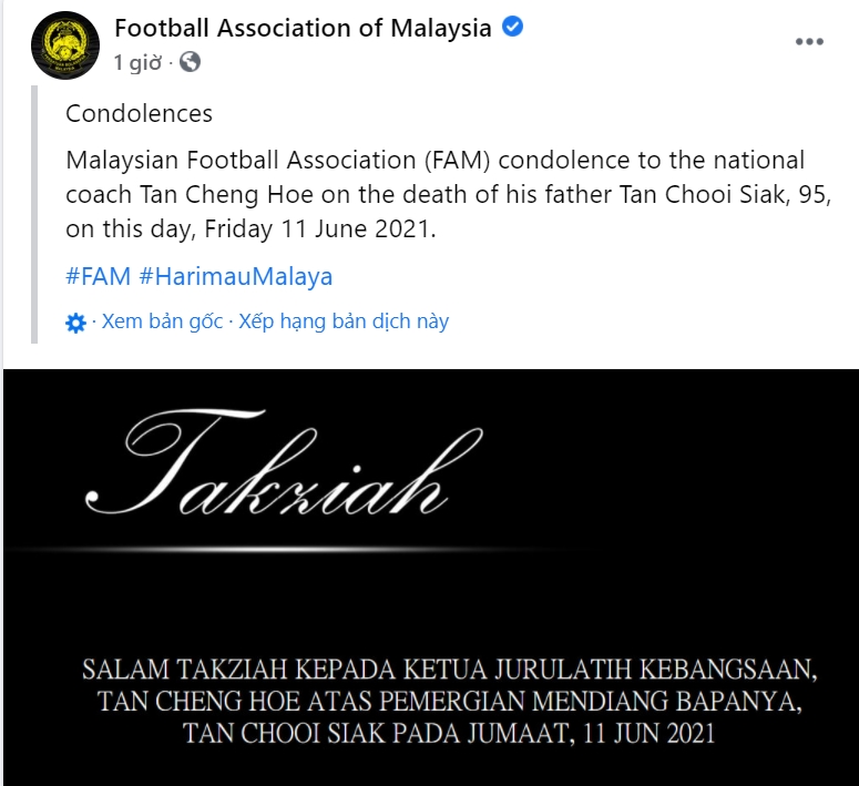 Bài đăng chia buồn của LĐBĐ Malaysia trên MXH. Ảnh chụp màn hình Bài đăng chia buồn của LĐBĐ Malaysia trên MXH. Ảnh chụp màn hình