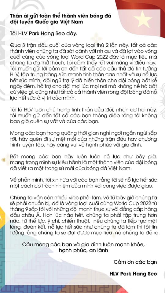 HLV Park Hang-seo viết tâm thư cảm ơn học trò đã tạo nên kì tích, gửi thông điệp rơi nước mắt đến toàn đội 1