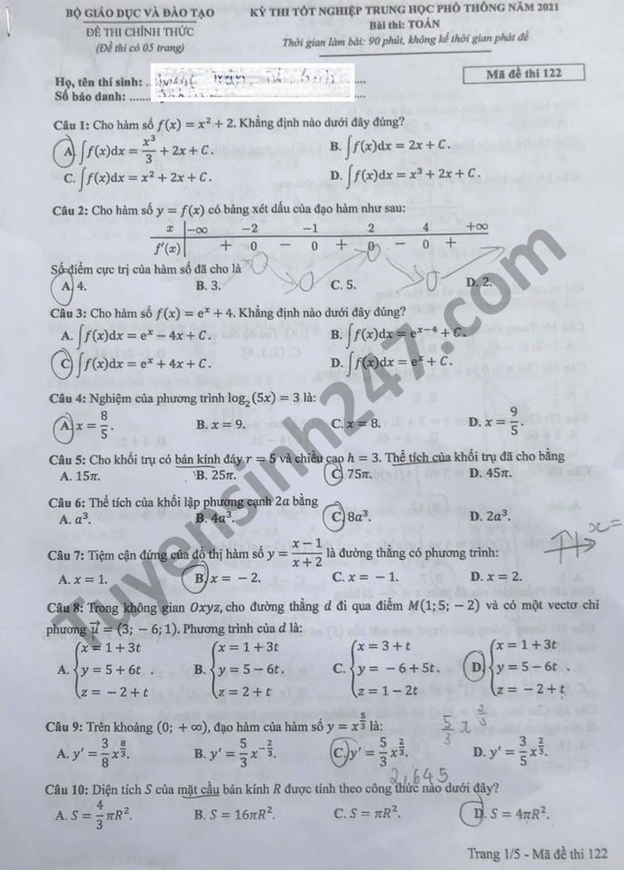 Đáp án môn Toán mã đề 122 kì thi THPT Quốc gia 2021 1 Đáp án môn Toán mã đề 122 kì thi THPT Quốc gia 2021 1