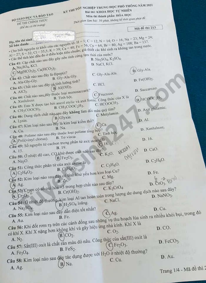 Đáp án môn Hóa học mã đề 213 kì thi THPT Quốc gia 2021 - Ảnh 1 Đáp án môn Hóa học mã đề 213 kì thi THPT Quốc gia 2021 - Ảnh 1