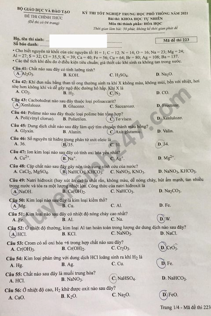 Đáp án môn Hóa học mã đề 223 kì thi THPT Quốc gia 2021 Đáp án môn Hóa học mã đề 223 kì thi THPT Quốc gia 2021