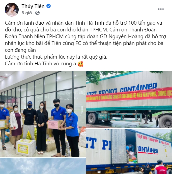 Ca sĩ Thủy Tiên đăng status tranh cãi, bị mắng nhận vơ hơn 1000 tấn lương thực hỗ trợ Sài Gòn - Ảnh 1 Ca sĩ Thủy Tiên đăng status tranh cãi, bị mắng nhận vơ hơn 1000 tấn lương thực hỗ trợ Sài Gòn - Ảnh 1