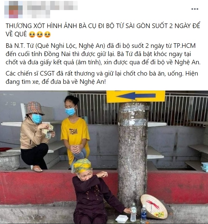 Cụ bà đi bộ hơn 1300 cây số từ TP.HCM về Nghệ An, mạnh thường quân cho tiền cũng không nhận vì chỉ muốn về nhà 1 Cụ bà đi bộ hơn 1300 cây số từ TP.HCM về Nghệ An, mạnh thường quân cho tiền cũng không nhận vì chỉ muốn về nhà 1
