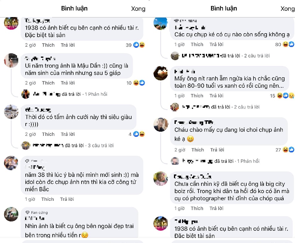 Bên cạnh việc khen cụ bà đẹp gái thì cư dân mạng cũng kịp soi đến độ giàu có của cụ ông. Mọi người không quên trêu đùa những cậu nhóc trong bức ảnh, giờ có lẽ cũng đã tuổi thất thập cổ lai hy. Ảnh chụp màn hình