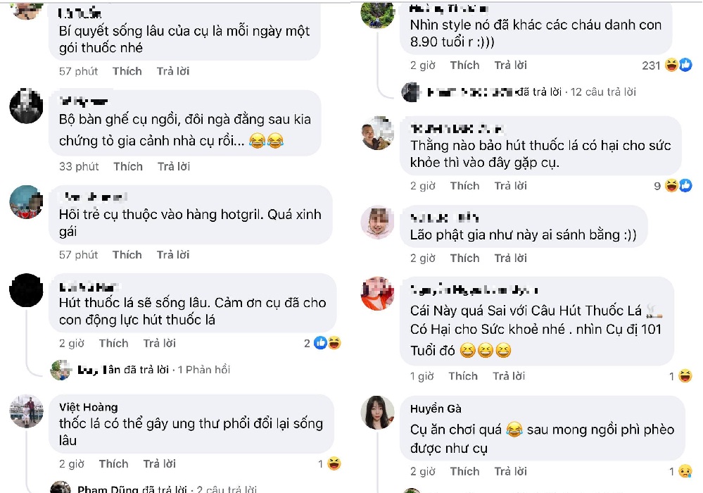 Thấy cụ tuổi đã cao mà vẫn hút thuốc, trông lại vô cùng minh mẫn, nhiều người còn đùa vui rằng câu nói 'Hút thuốc lá có hại cho sức khỏe' không đúng với cụ. Ảnh chụp màn hình