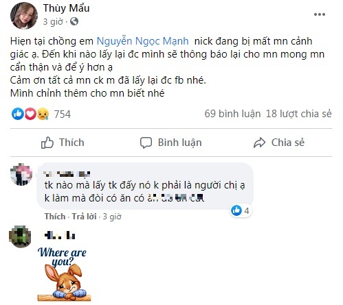 Vợ anh Nguyễn Ngọc Mạnh thông báo chồng đã bị mất nick Facebook. Ảnh chụp màn hình Vợ anh Nguyễn Ngọc Mạnh thông báo chồng đã bị mất nick Facebook. Ảnh chụp màn hình