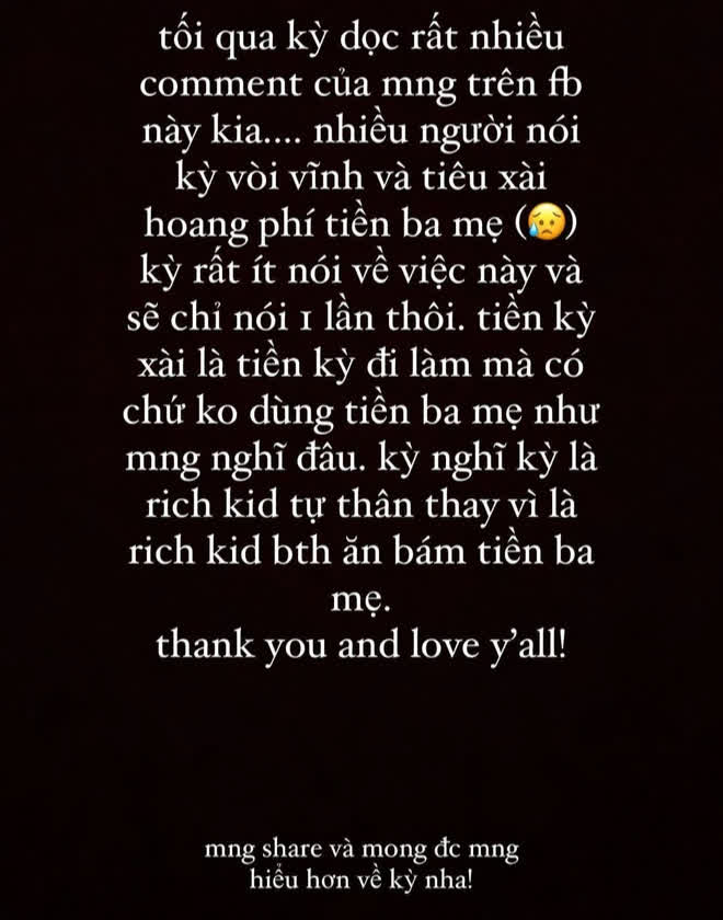 Nguyễn Đăng Gia Kỳ từng phải thanh minh về việc mình tiêu tiền do bản thân làm ra chứ không hề ăn bám bố mẹ. Ảnh chụp màn hình Nguyễn Đăng Gia Kỳ từng phải thanh minh về việc mình tiêu tiền do bản thân làm ra chứ không hề ăn bám bố mẹ. Ảnh chụp màn hình