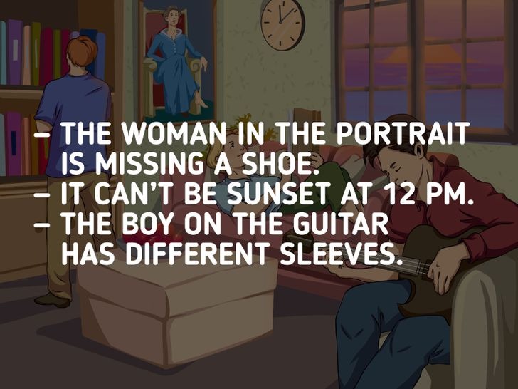 1. Người phụ nữ trong bức tranh mất một chiếc giày, 2. Không thể có hoàng hôn lúc 12 giờ trưa, 3. Chàng trai chơi guitar có tay áo khác nhau.