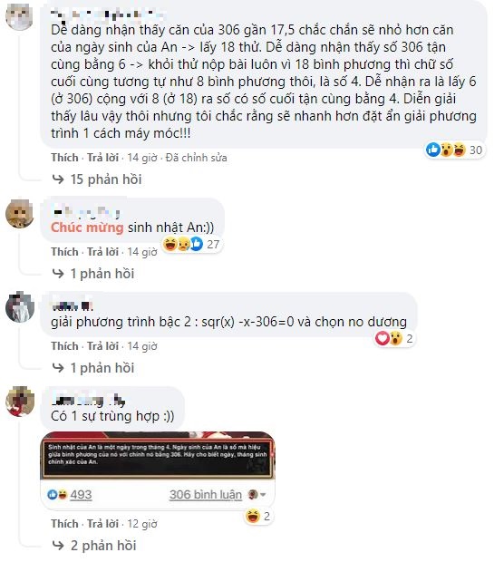 Cộng đồng mạng đưa ra một số cách giải bài toán. Trùng hợp là ngày sinh nhật An chính là ngày chương trình lên sóng. Ảnh chụp màn hinh Cộng đồng mạng đưa ra một số cách giải bài toán. Trùng hợp là ngày sinh nhật An chính là ngày chương trình lên sóng. Ảnh chụp màn hinh