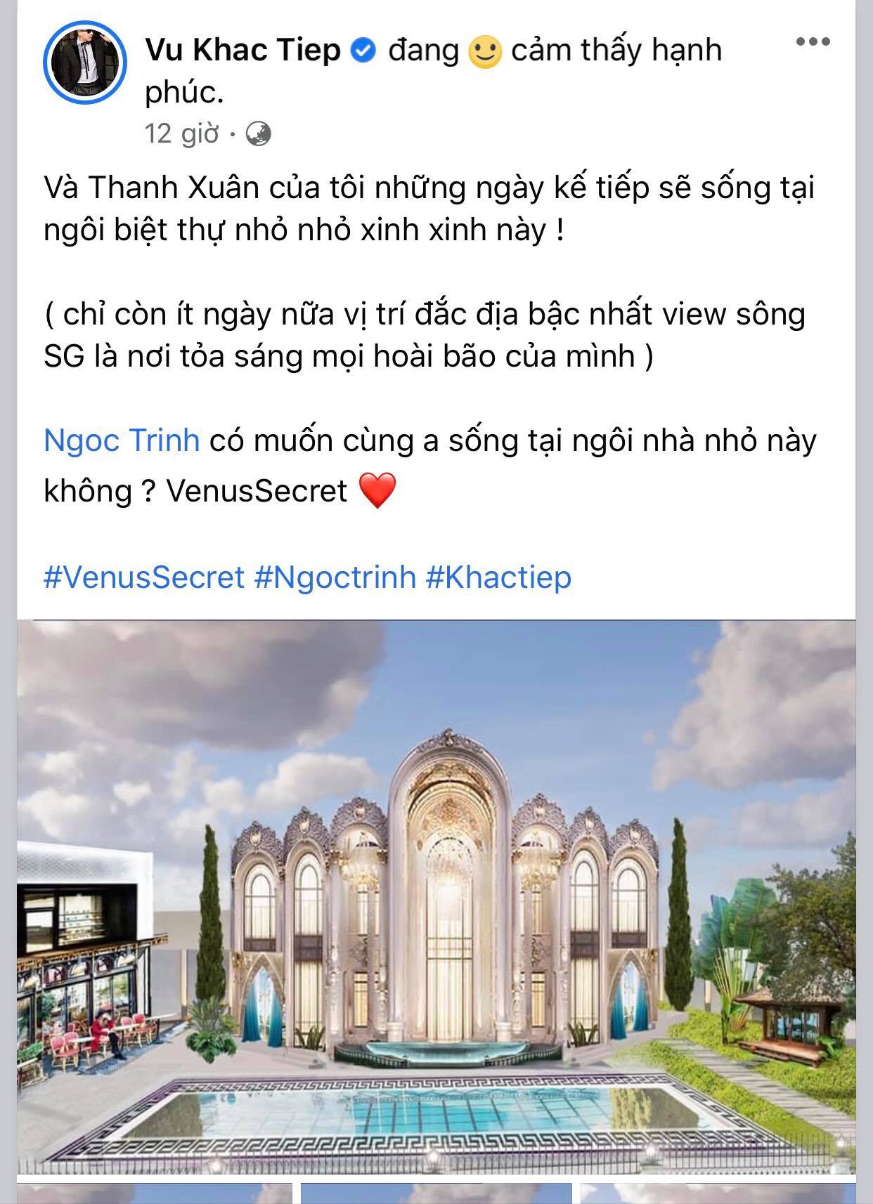 Vũ Khắc Tiệp chia sẻ thanh xuân những ngày tiếp theo của anh sẽ trải qua tại căn biệt thự lộng lẫy này. Ảnh: FBNV Vũ Khắc Tiệp chia sẻ thanh xuân những ngày tiếp theo của anh sẽ trải qua tại căn biệt thự lộng lẫy này. Ảnh: FBNV