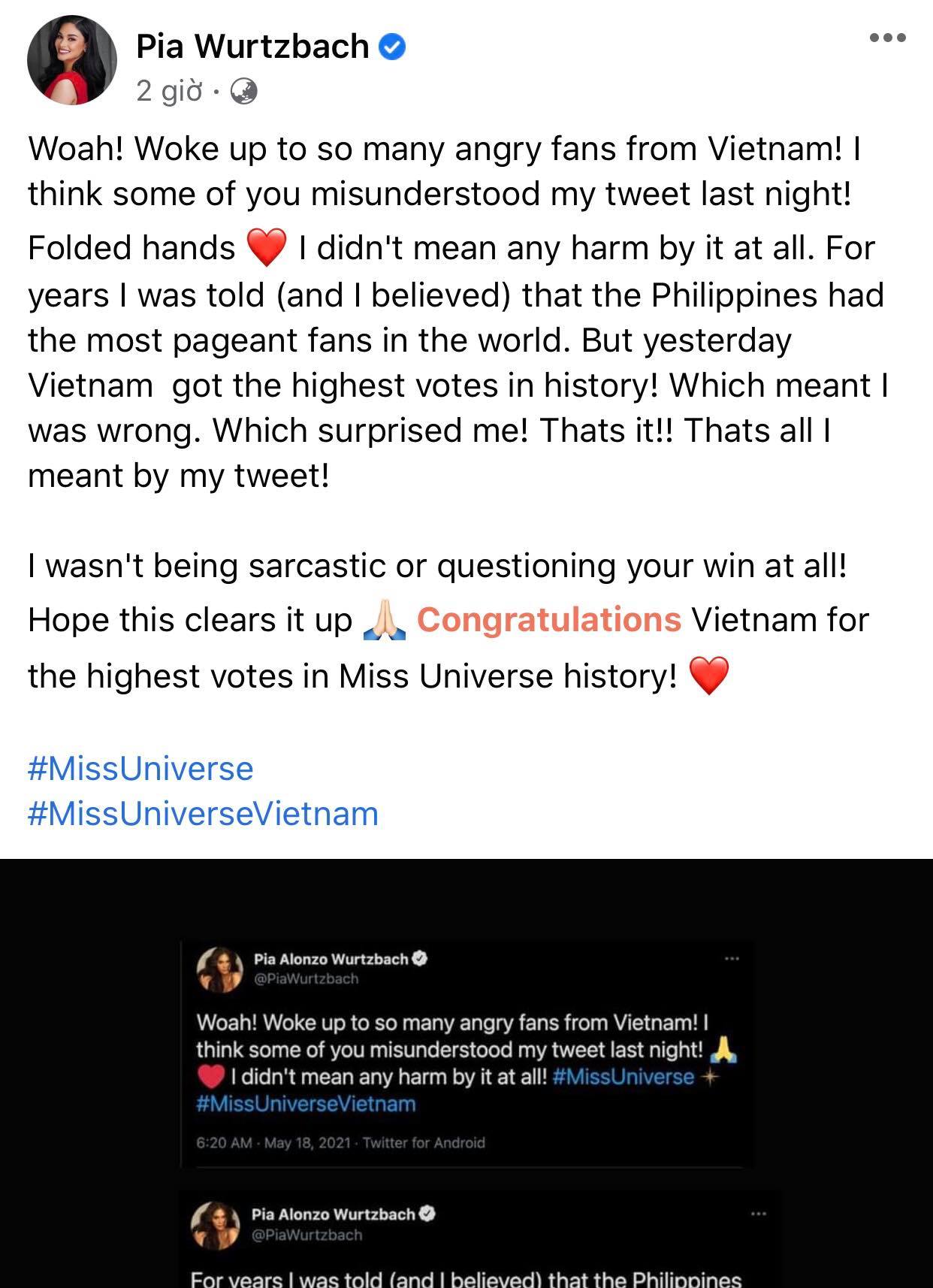 Hoa hậu Hoàn vũ 2015 Pia Wurtzbach phân trần về phát ngôn gây tranh cãi liên quan đến lượt vote cao nhất của Khánh Vân. Ảnh chụp màn hình