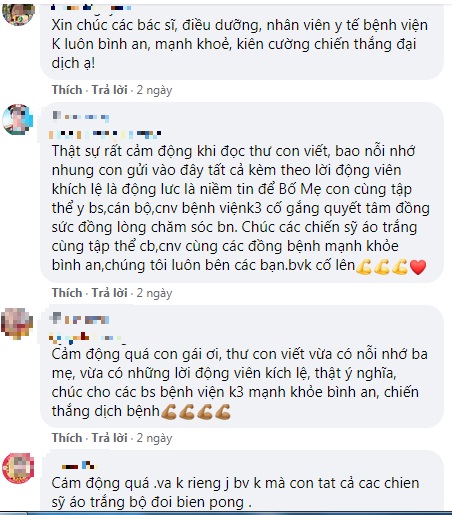 CĐM xúc động trước bức tăm thư cô gái nhỏ gửi bố mẹ đang chống dịch tại Bệnh viện K. Ảnh chụp màn hình