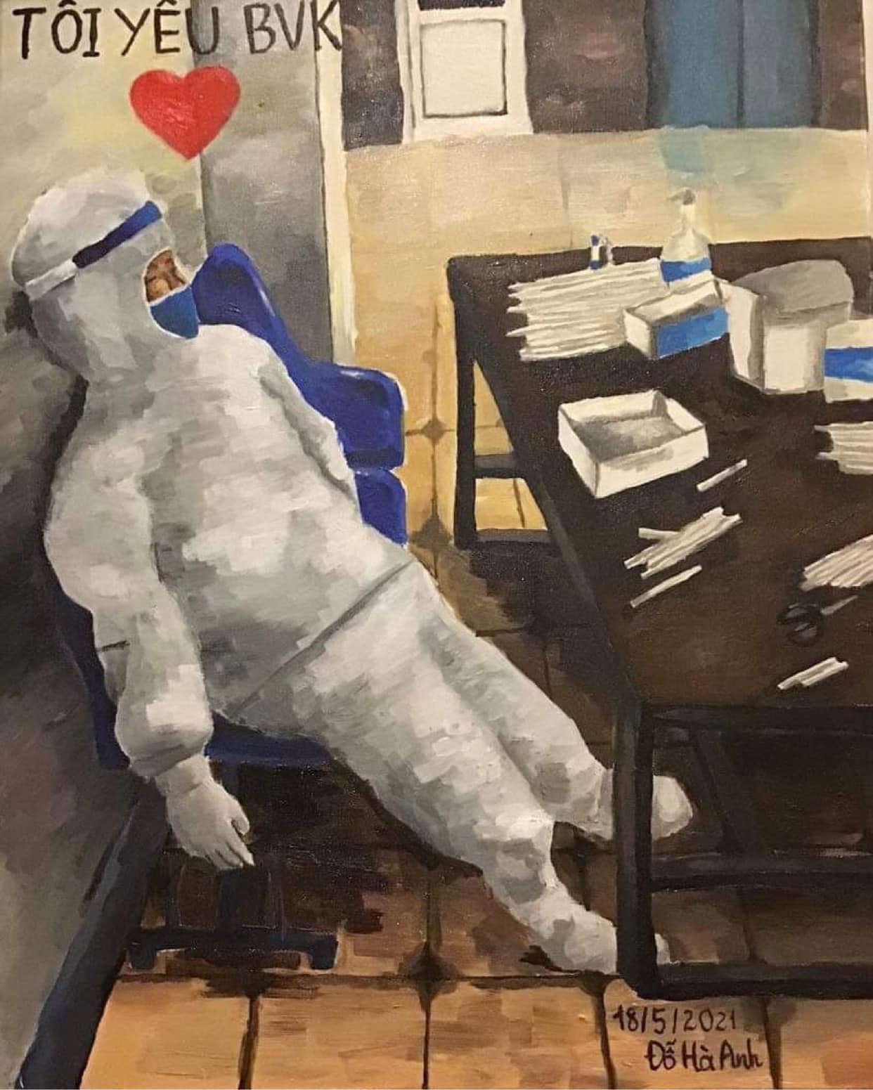 Còn đây là bức tranh Hà Anh vẽ tặng bố mẹ với thông điệp 'Tôi yêu Bệnh viện K'.