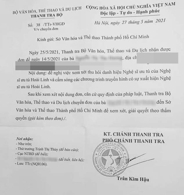 Lá đơn đề nghị thu hồi danh hiệu NSƯT của Hoài Linh do bà H gửi đến các cơ quan chức năng. Ảnh :Dân Việt Lá đơn đề nghị thu hồi danh hiệu NSƯT của Hoài Linh do bà H gửi đến các cơ quan chức năng. Ảnh :Dân Việt