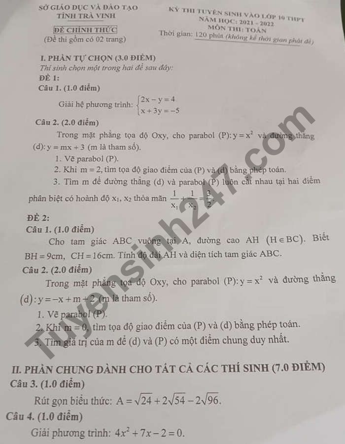 Đáp án đề thi vào lớp 10 môn Toán tỉnh Trà Vinh 2021 - Ảnh 1 Đáp án đề thi vào lớp 10 môn Toán tỉnh Trà Vinh 2021 - Ảnh 1