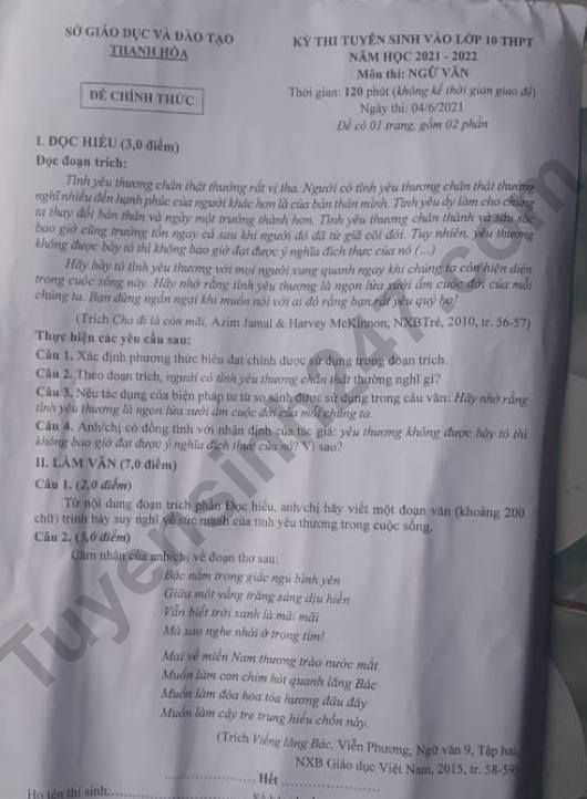 Đáp án đề thi môn Văn thi vào lớp 10 tỉnh Thanh Hóa 2021 2 Đáp án đề thi môn Văn thi vào lớp 10 tỉnh Thanh Hóa 2021 2