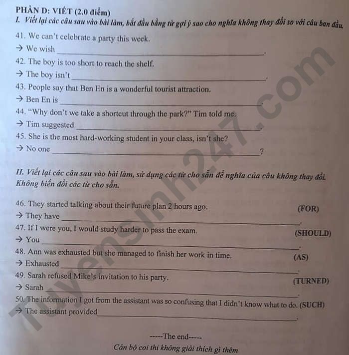 Đề thi vào lớp 10 môn Tiếng Anh tỉnh Thanh Hóa năm 2021 Đề thi vào lớp 10 môn Tiếng Anh tỉnh Thanh Hóa năm 2021