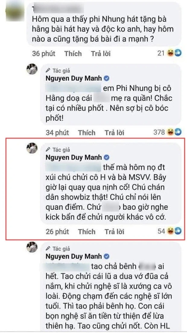 Những bình luận của ca sĩ Duy Mạnh châm ngòi cho tin đồn Phi Nhung đứng sau xúi nam ca sĩ nhục mạ bà PH. Ảnh chụp màn hinh Những bình luận của ca sĩ Duy Mạnh châm ngòi cho tin đồn Phi Nhung đứng sau xúi nam ca sĩ nhục mạ bà PH. Ảnh chụp màn hinh