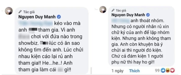 Duy Mạnh còn tiết lộ có một group kêu gọi các nghệ sĩ ký đơn kiện bà Hằng. Ảnh chụp màn hình Duy Mạnh còn tiết lộ có một group kêu gọi các nghệ sĩ ký đơn kiện bà Hằng. Ảnh chụp màn hình