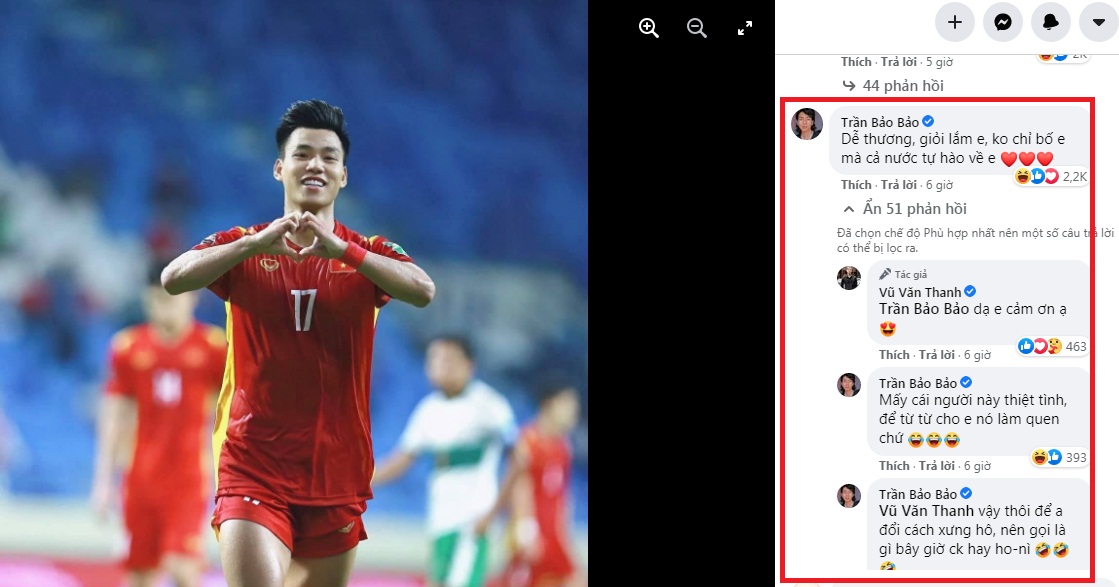 Nhưng có lẽ hài hước nhất chính là màn đối đáp qua lại trên Facebook Vũ Văn Thanh. BB Trần: Dễ thương, giỏi lắm em. không chỉ bố em mà cả nước tự hào về em! VVT: Dạ em cảm ơn ạ! BB Trần: Mấy cái người này thiệt tình, để từ từ cho em nó làm quen chứ! BB Trần: Vậy thôi để anh đổi cách xưng hô, nên gọi là gì bây giờ, chồng hay hơ nì! VVT: Em quen rồi BB ơi!