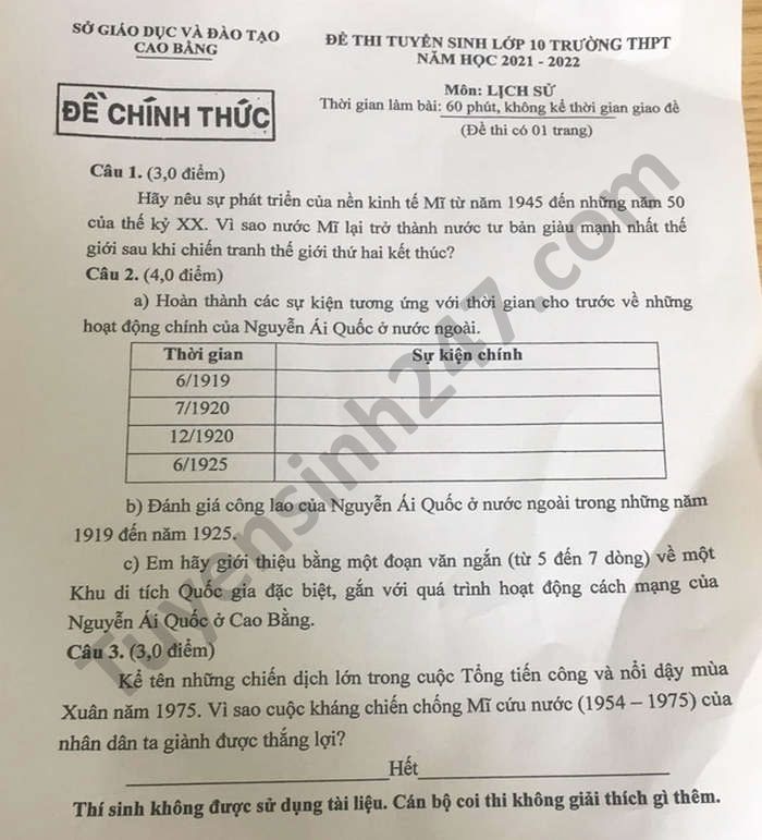 Đáp án đề thi vào lớp 10 môn Lịch sử tỉnh Cao Bằng năm 2021 2 Đáp án đề thi vào lớp 10 môn Lịch sử tỉnh Cao Bằng năm 2021 2