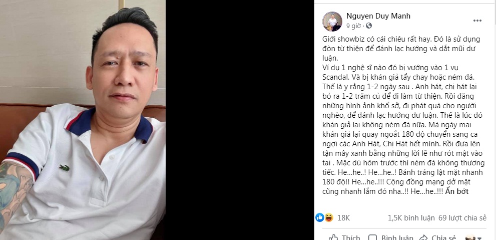 Ca sĩ Duy Mạnh: Nghệ sĩ vướng lùm xùm cứ dùng '1-2 trăm củ' làm từ thiện là được tẩy trắng 1 Ca sĩ Duy Mạnh: Nghệ sĩ vướng lùm xùm cứ dùng '1-2 trăm củ' làm từ thiện là được tẩy trắng 1